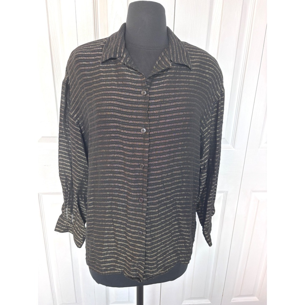 VINTAGE Jones New York Women's Black Gold Striped Button‎ Up Blouse Size 12